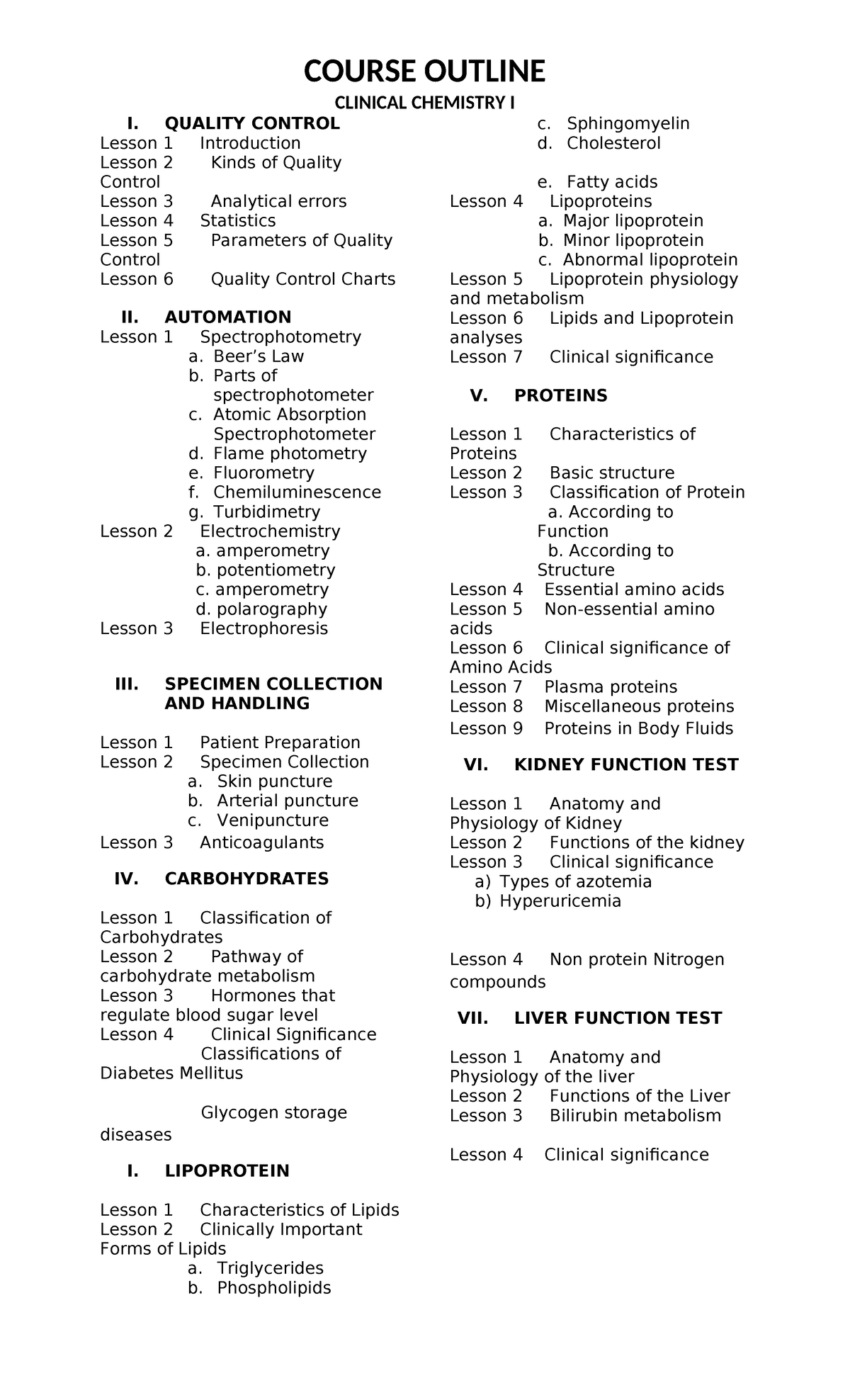 Course Outline - CC1: Clinical Chemistry I Lessons and Topics - Studocu