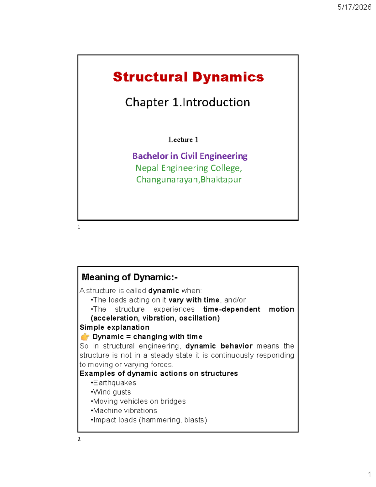 Structural Dynamics CH1: Introduction to Vibration in Civil Engineering ...