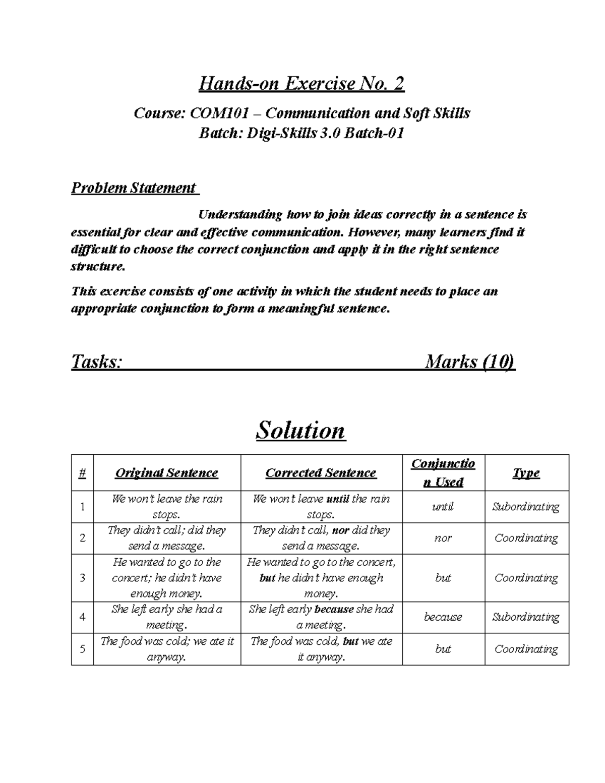 Exercise No. 2: Conjunctions in Sentences - COM101 - Studocu