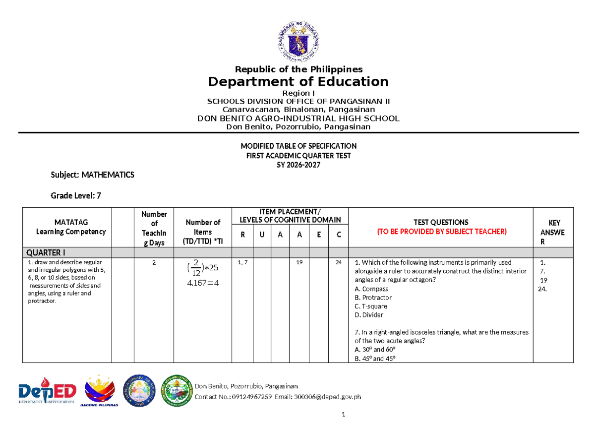 TOS S1 - Modified Table of Specifications for Grade 7 Math 1st Quarter ...