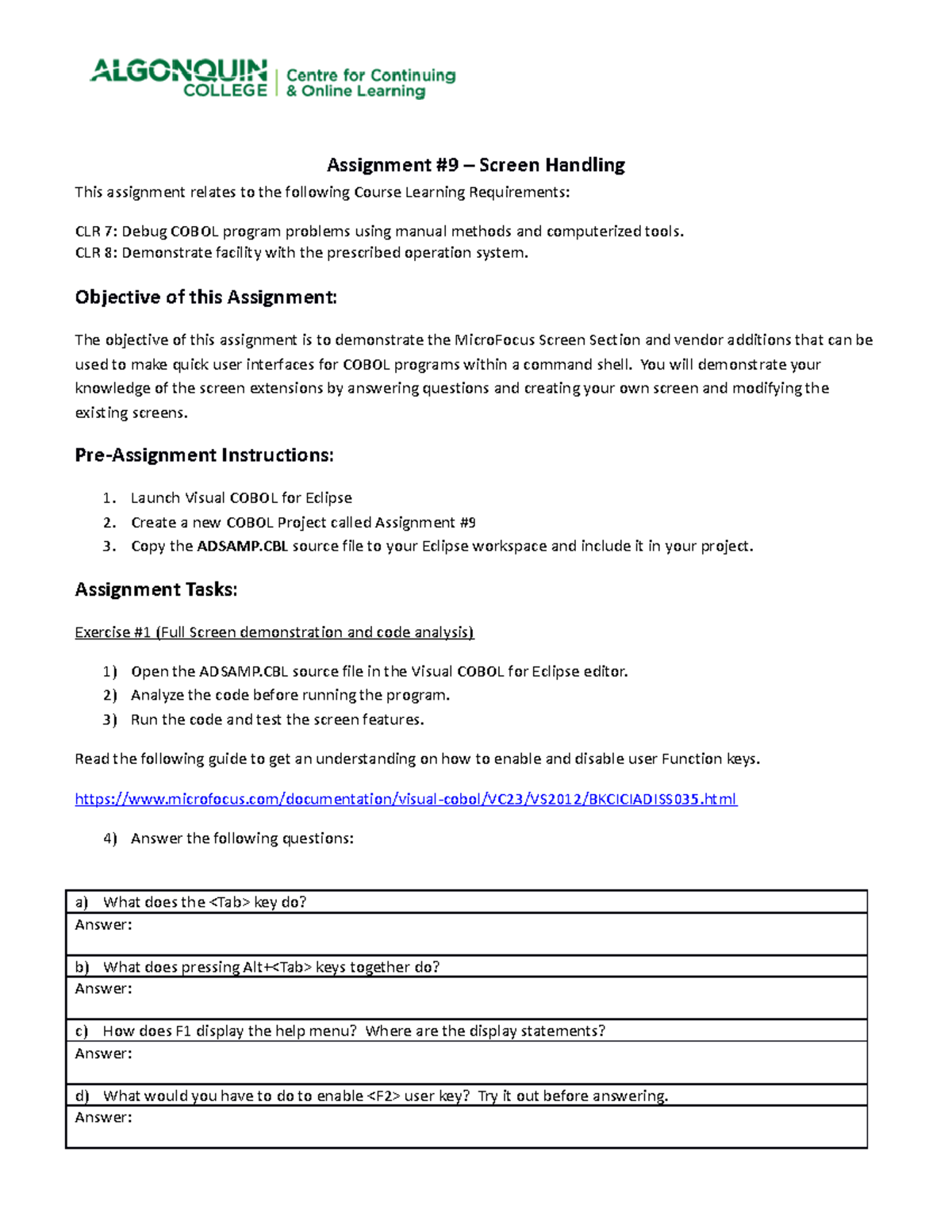 CST8283 Assignment #9 - Screen Handling and COBOL UI Demo - Studocu