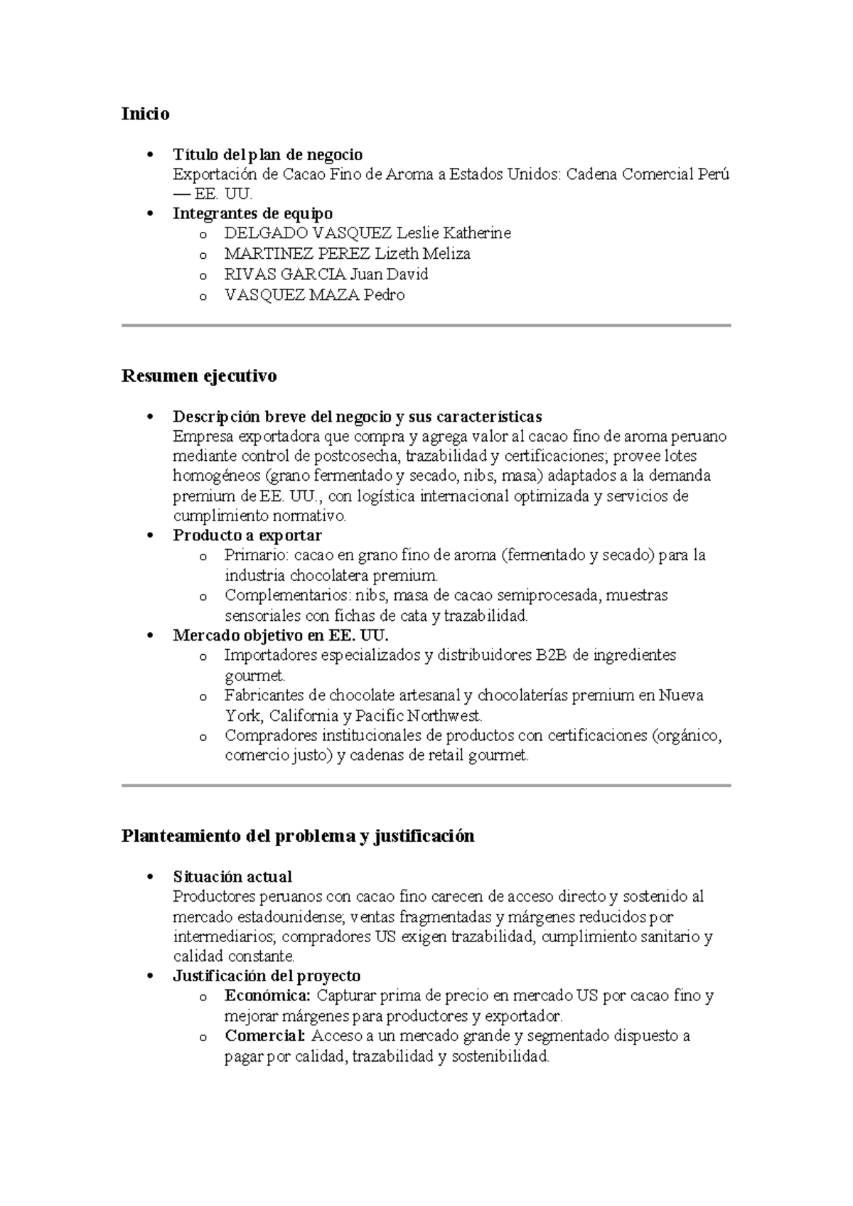 Plan De Negocio Exportación De Cacao Fino A Ee Uu Studocu