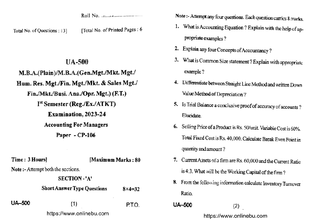 MBA 1 Sem Accounting for Managers - Exam Questions & Answers 2024 - Studocu