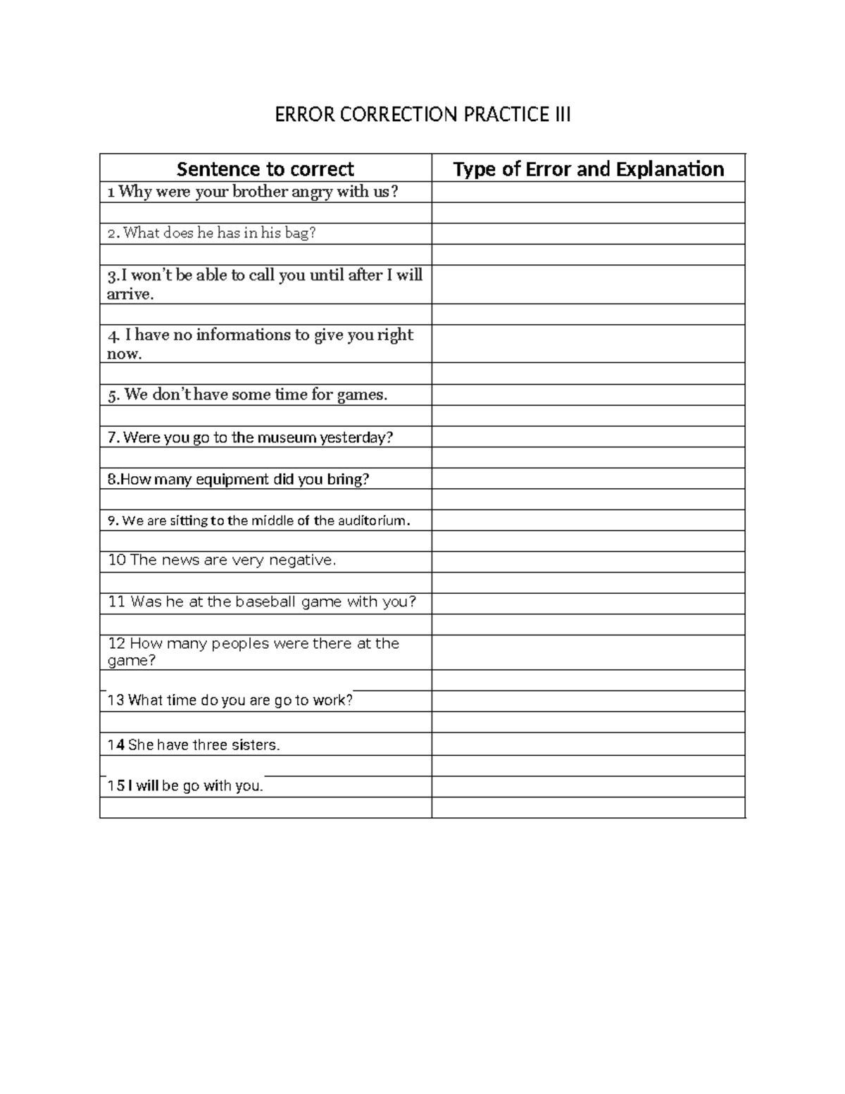 Error Correction Practice III - ERROR CORRECTION PRACTICE III Sentence ...