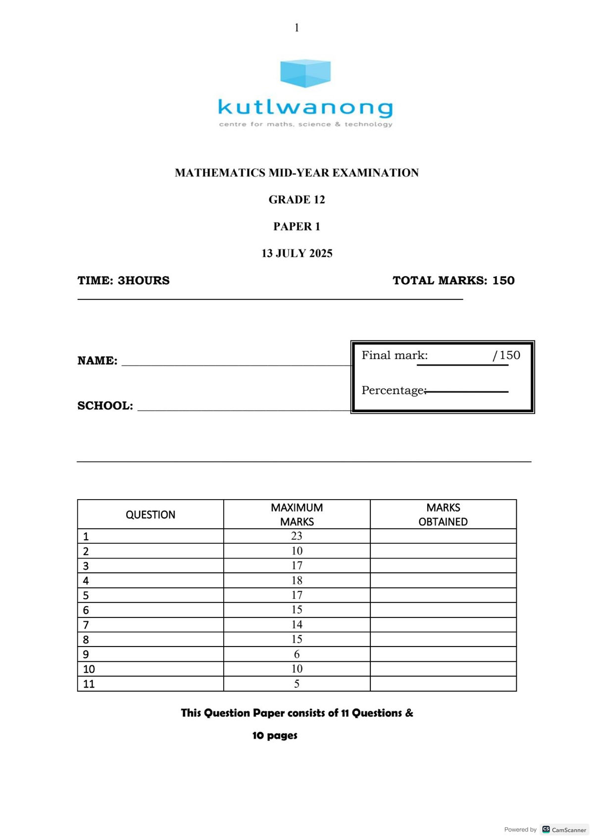 Promaths GR 12 Mathematics Exam Paper 1 (13 July 2025) - Studocu