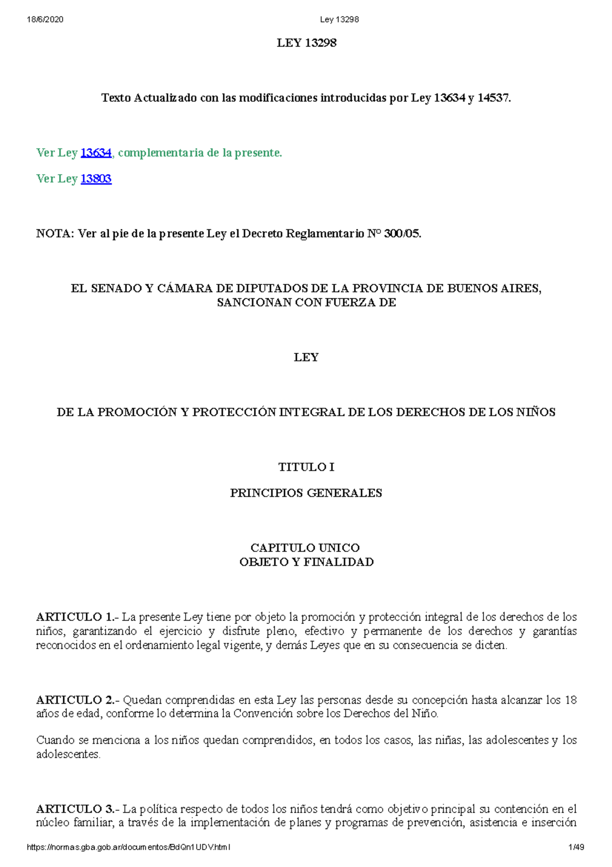 Ley 13298: Promoción y Protección Integral de los Derechos de los Niños ...