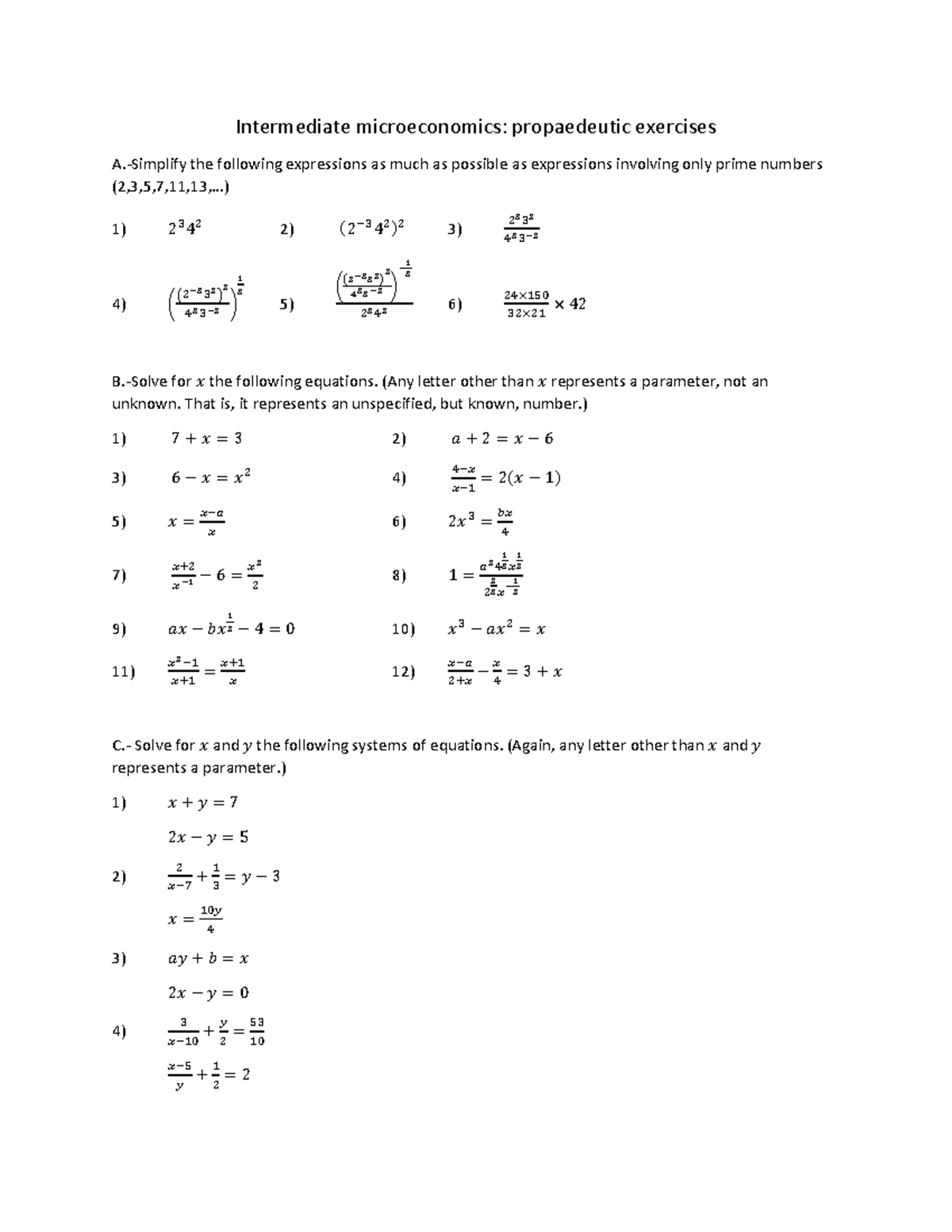 Intermediate Microeconomics Exercises: Equations and Derivatives ...