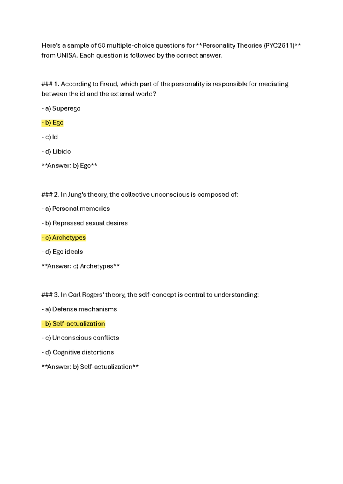PYC2611 Final Exam: Sample Multiple-Choice Questions on Personality ...