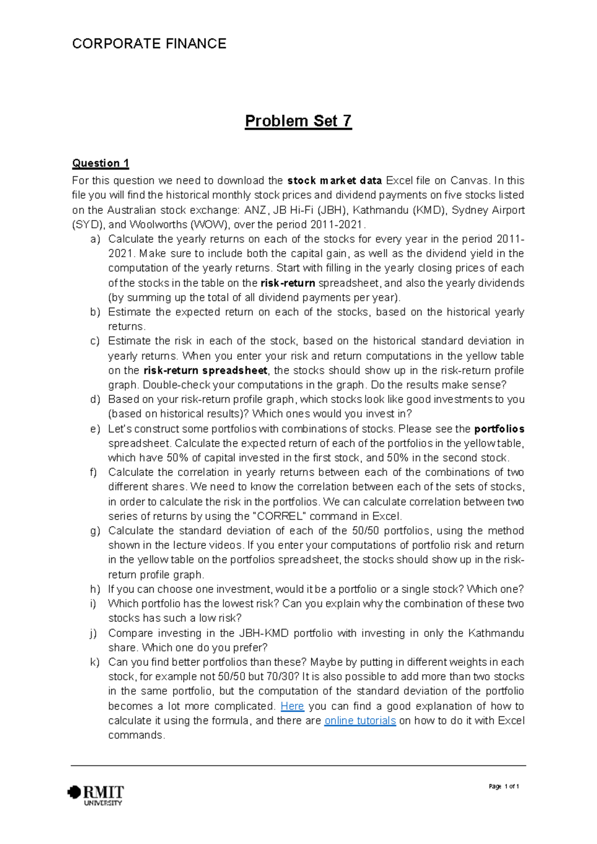 Corporate Finance Tutorial Week 7 - Stock Analysis & Portfolio Risks ...