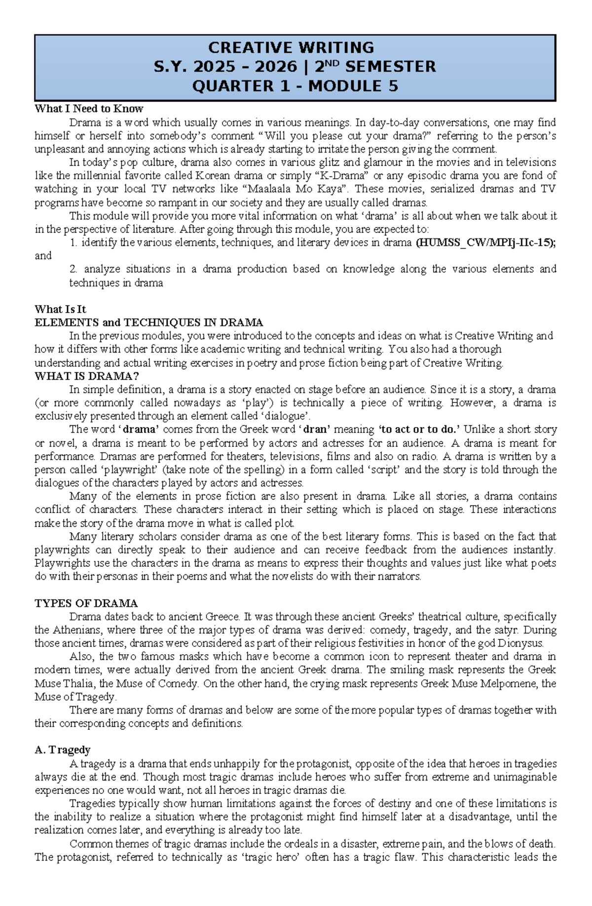 Creative Writing S.Y. 2025-2026: Drama Elements & Techniques Module 5 ...