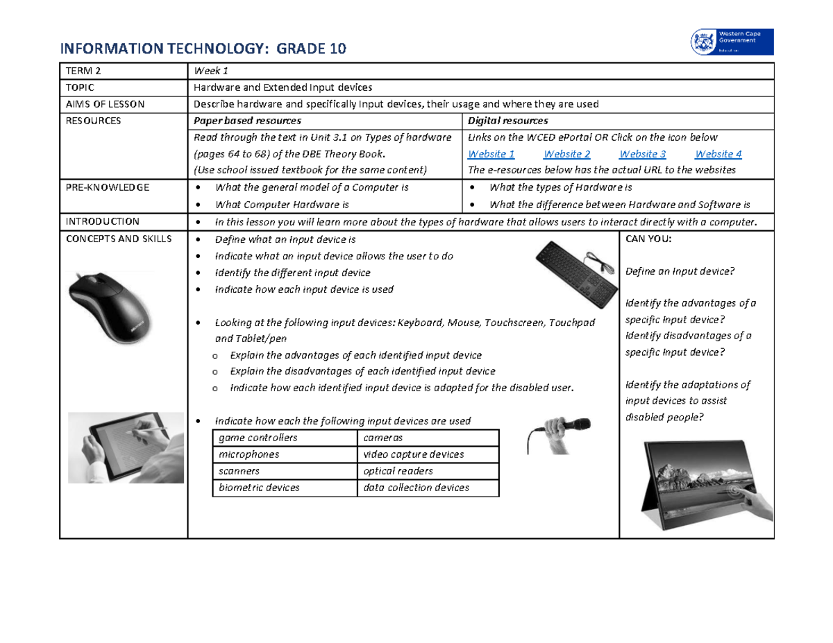 INFORMATION TECHNOLOGY GRADE 10: INPUT DEVICES LESSON OVERVIEW AND ...