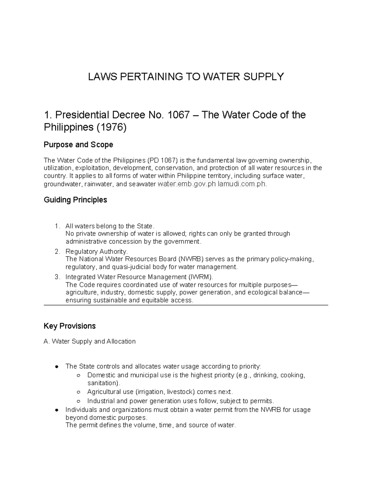 LAWS PERTAINING TO WATER SUPPLY: PD 1067 & RA 9275 Overview - Studocu