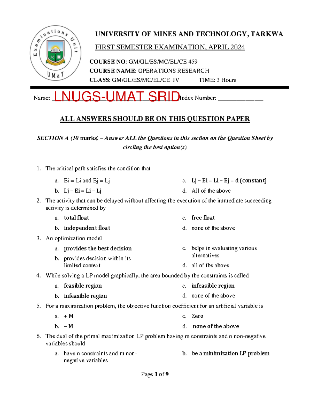 Operations Research Exam Questions - Course 459, April 2024 - Studocu