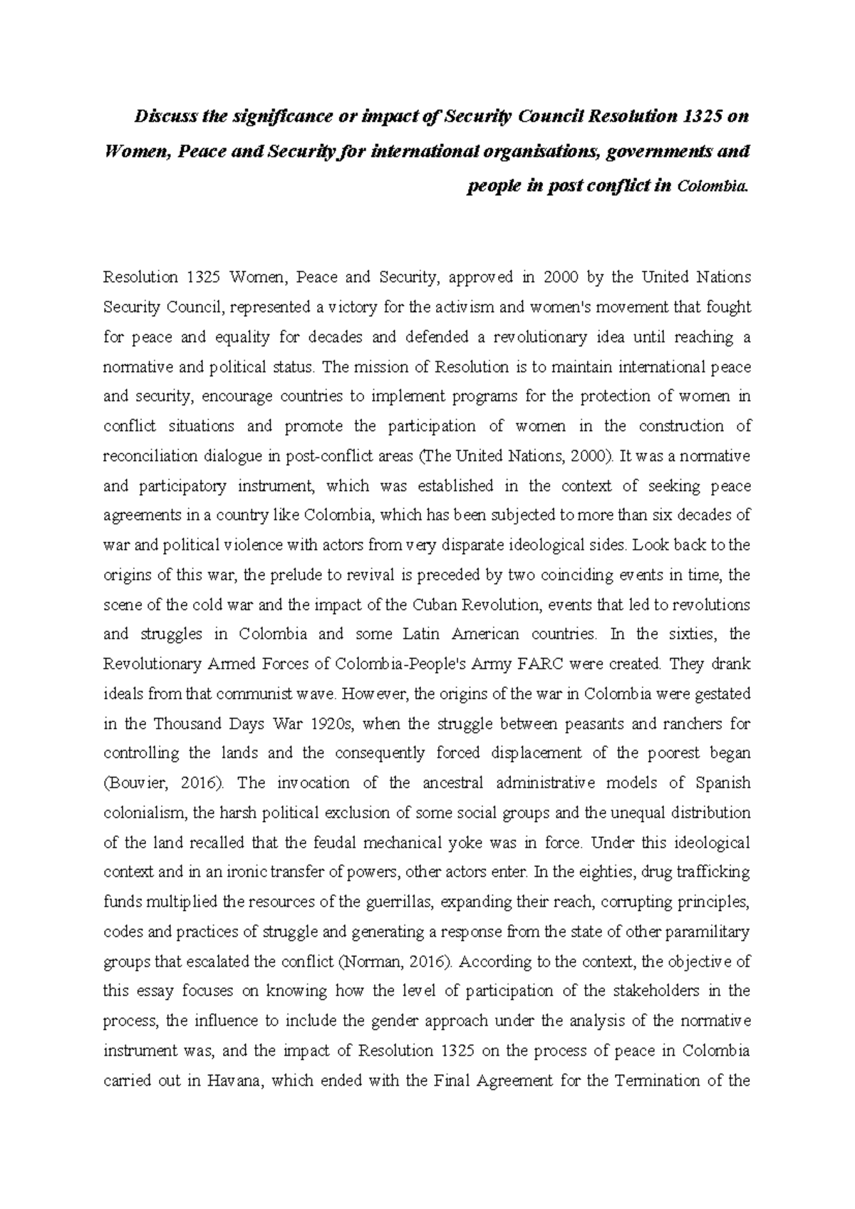 POLI-1058-Essay on SC Resolution 1325's Impact on Women in Colombia ...