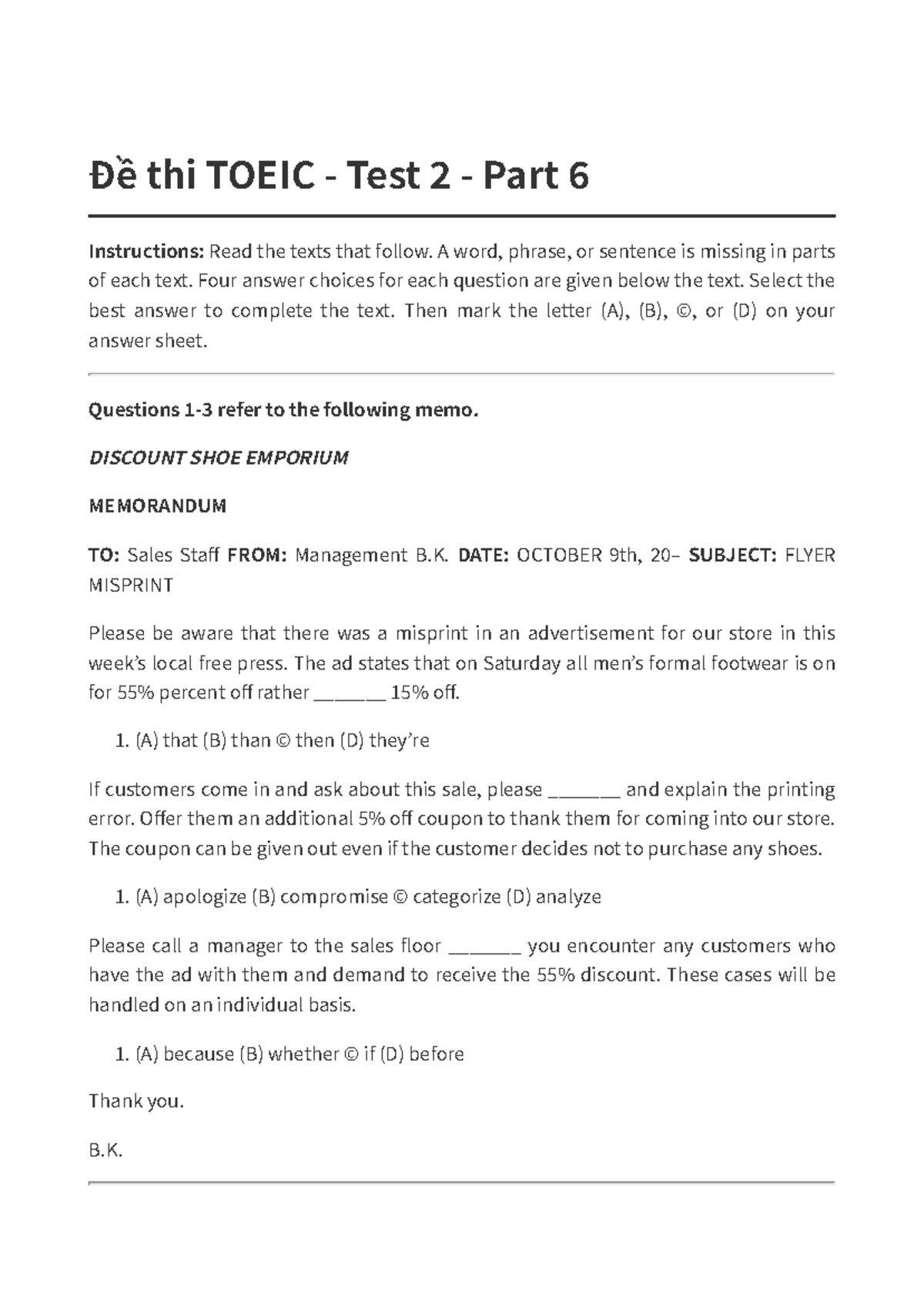 TOEIC Test 2: Part 6 Text Completion Practice - Studocu