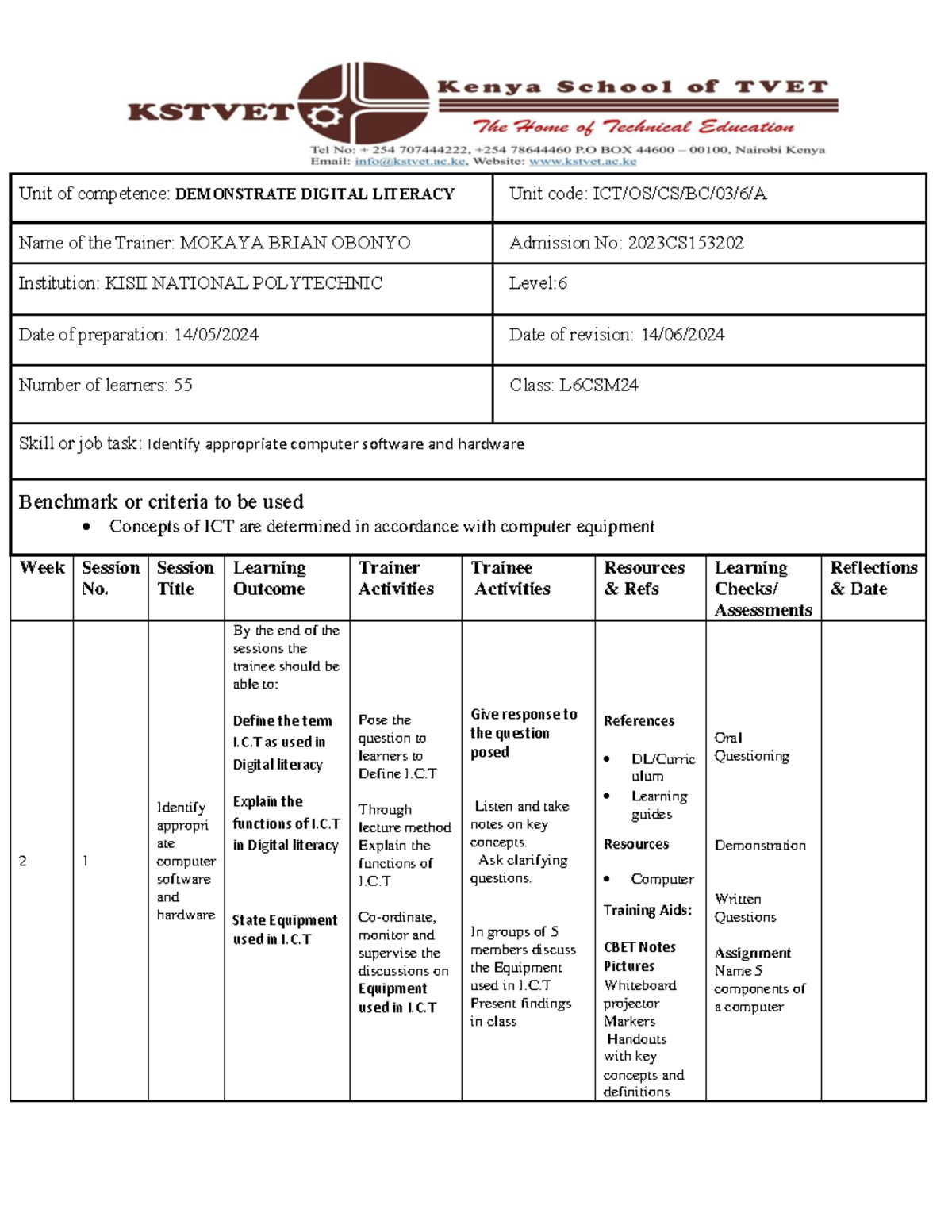 Learning plan DL - notes revision - Unit of competence: DEMONSTRATE ...