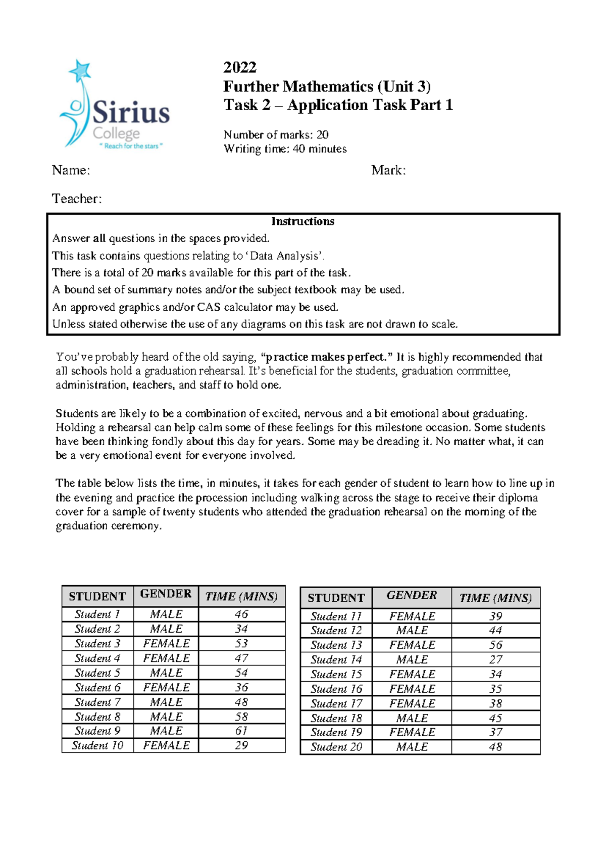 2022 Further Mathematics (Unit 3) Application Task Part 1 - Studocu