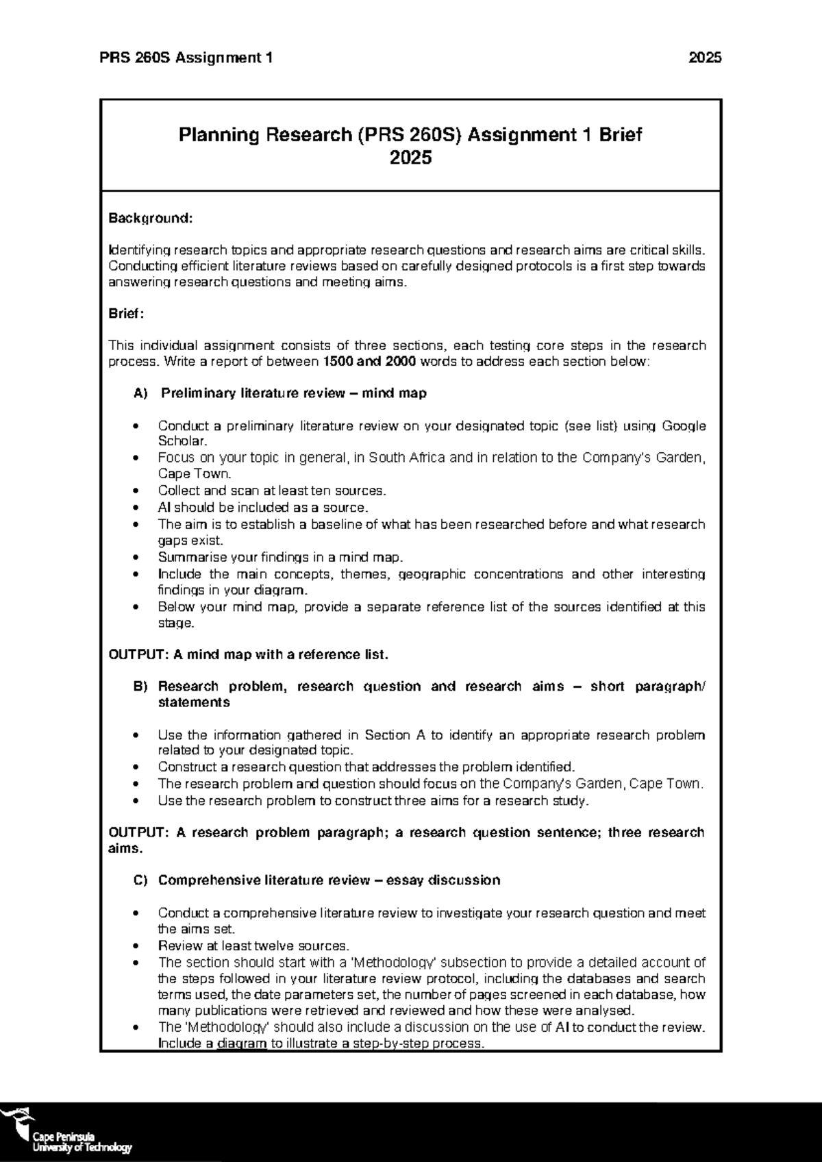 PRS 260S Assignment 1: Planning Research Brief & Guidelines 2025 - Studocu