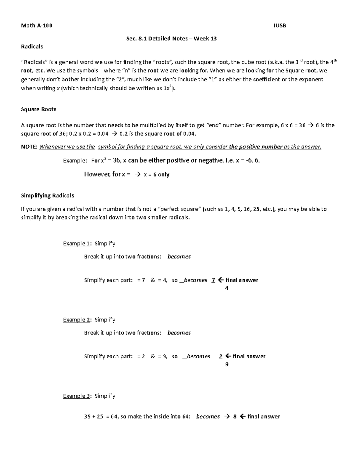 Math A-100 IUSB Sec. 8 Detailed Notes on Radicals - Week 13 - Studocu