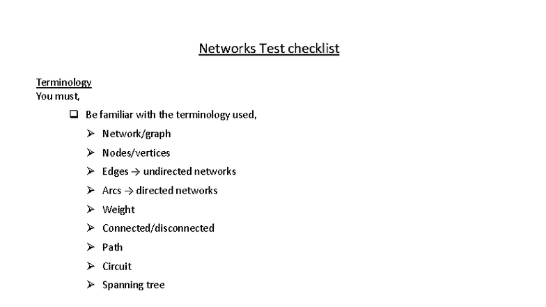 Networks Test Checklist: Key Terminology & Algorithms - Studocu