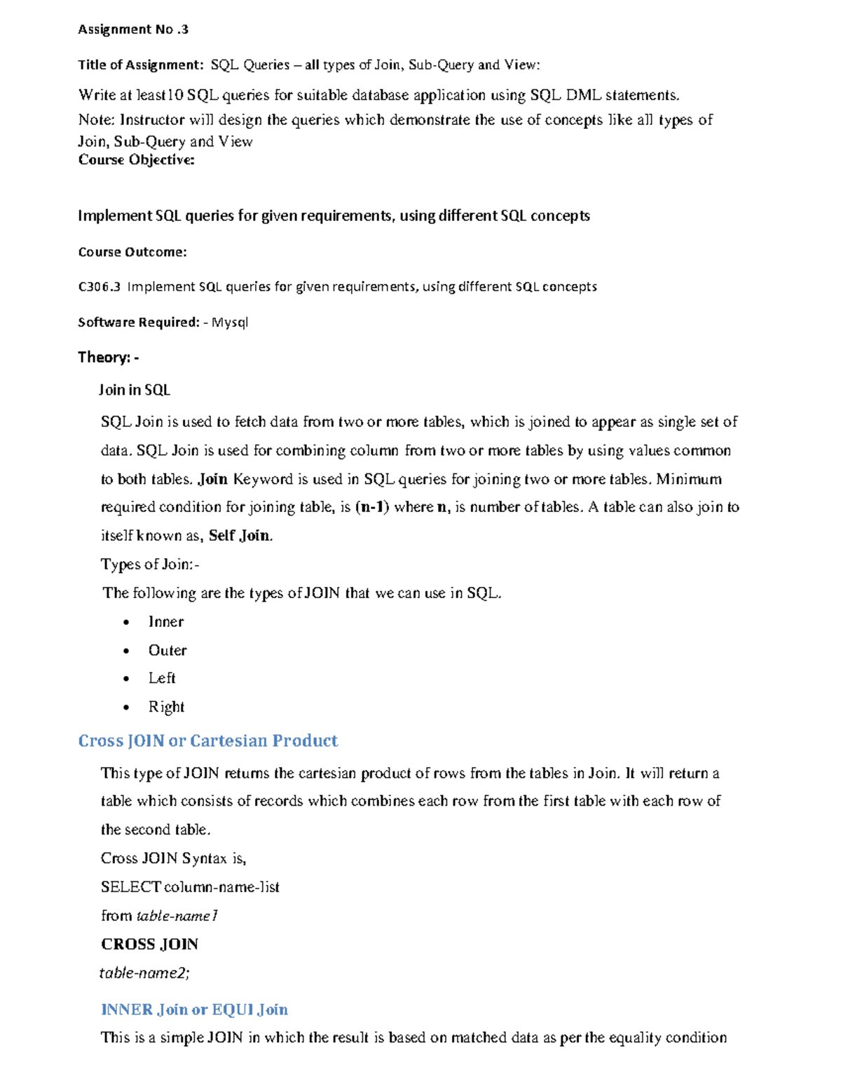 SQL Queries: Joins & Views - Assignment No. 3 (C306.3) - Studocu