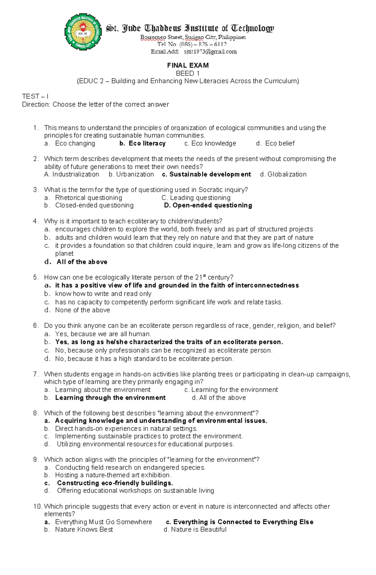EDUC 2: Final Exam Study Guide on Ecoliteracy and Environmental ...