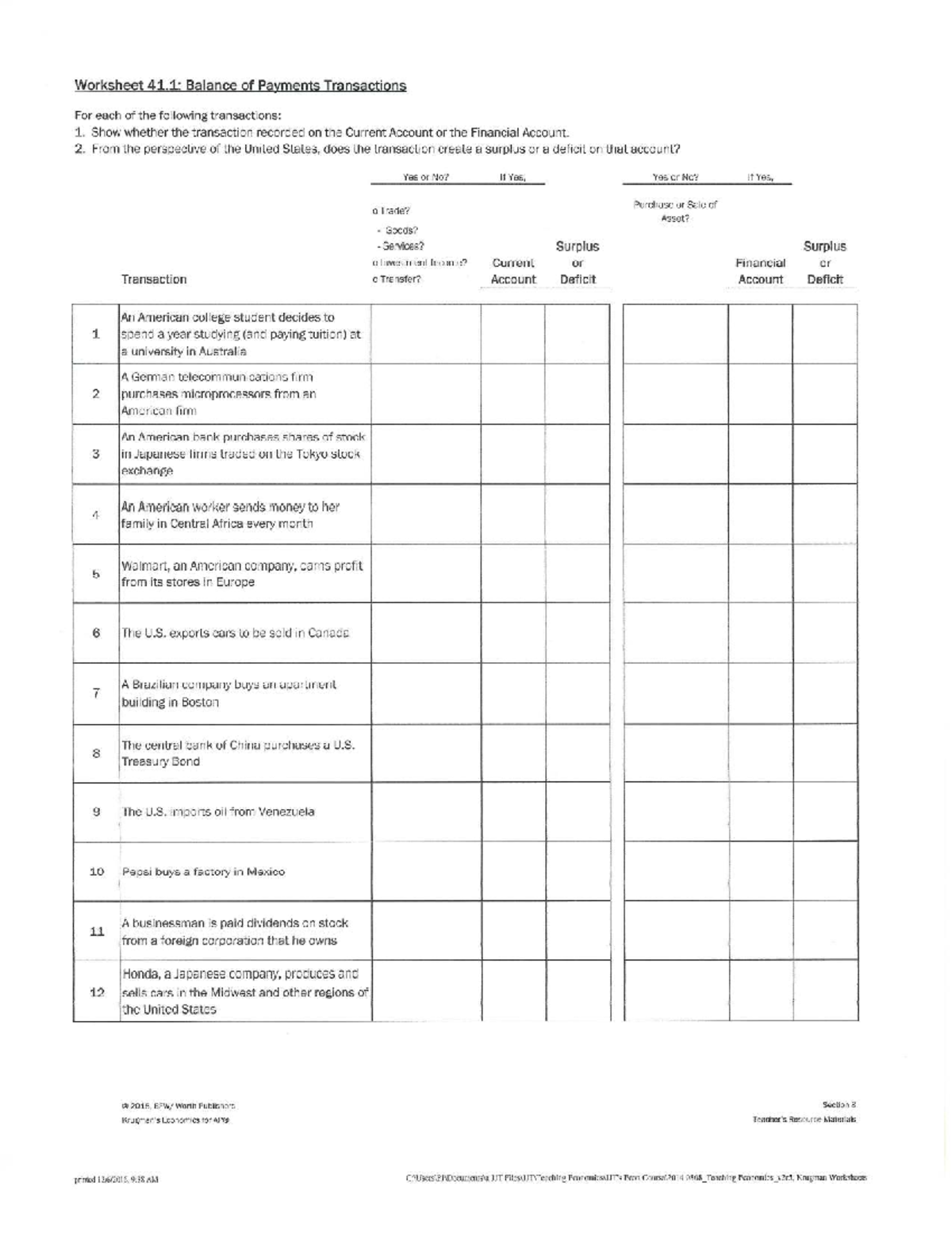 AP Macro 0808: Balance of Payments Transactions Worksheet - Studocu