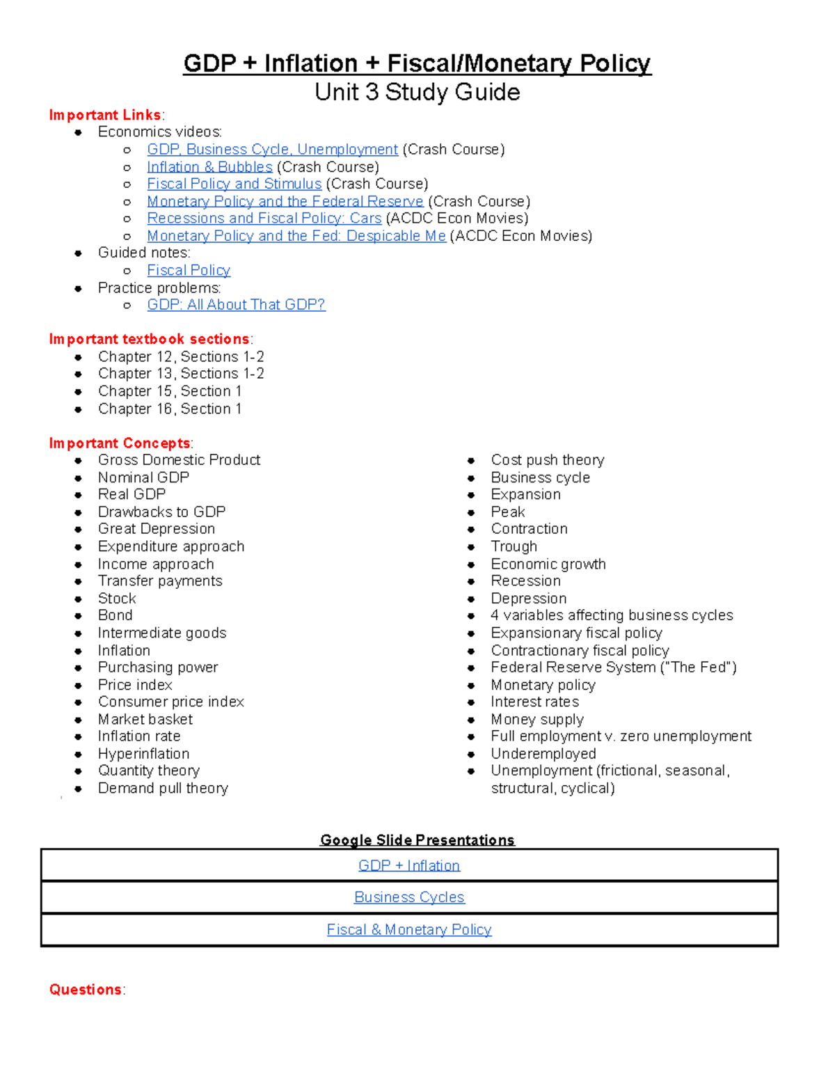 Unit 3 Study Guide: GDP, Inflation, and Fiscal/Monetary Policy Insights ...