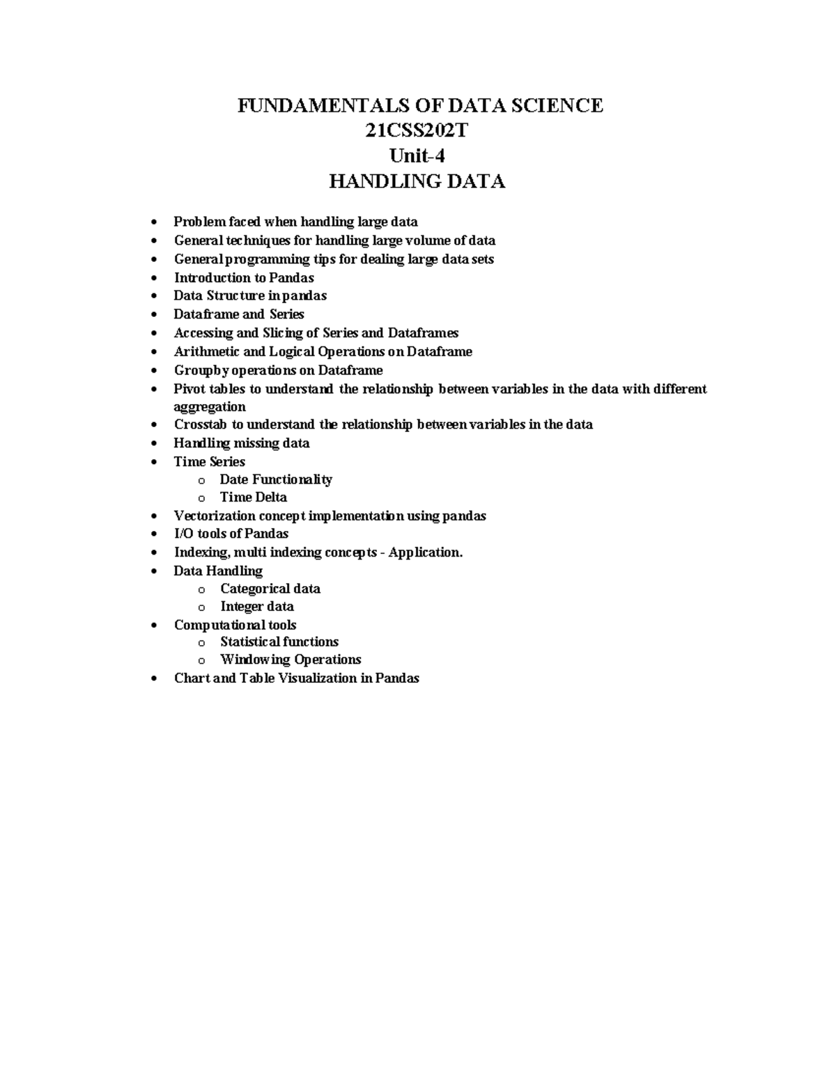 Unit 4 FDS Notes: Data Handling, Techniques & Pandas Overview ...