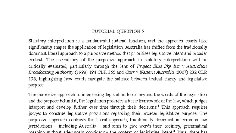 LAWS1700 Tutorial Q5: Evaluating Purposive vs Literal Statutory ...