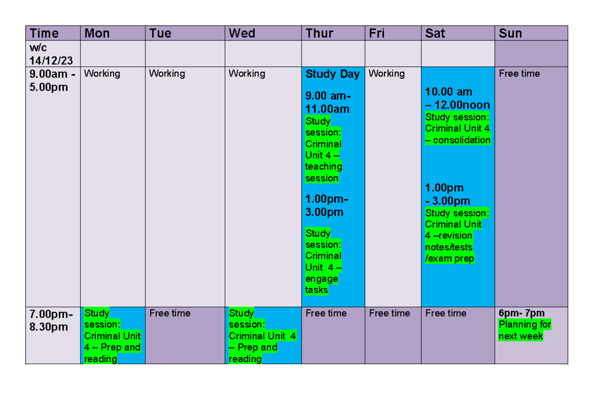 SQE Apprentice planner example - Time Mon Tue Wed Thur Fri Sat Sun w/c ...