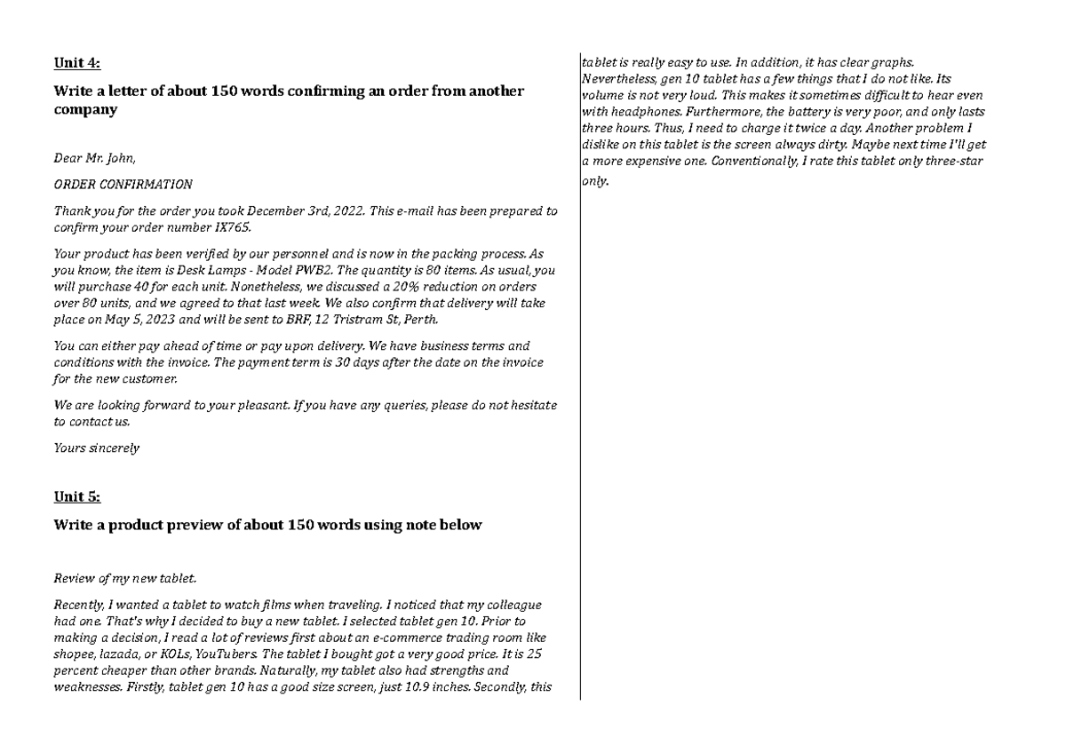 ENG 101: Letter of Order Confirmation and Product Preview Summary - Studocu