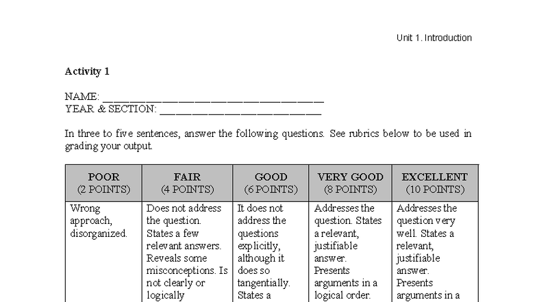 Activity 1 - act1 - Unit 1. Introduction Activity 1 NAME