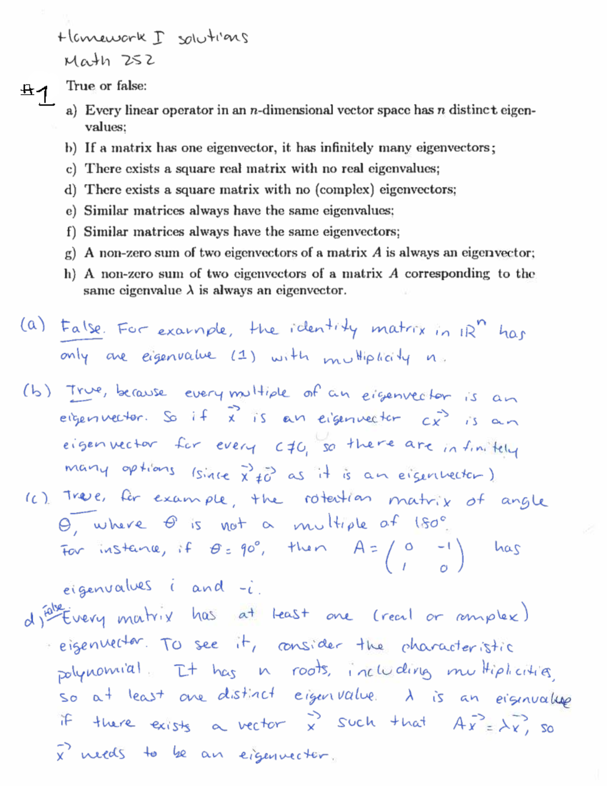 Hw1 Solutions for Math 252: True/False on Linear Operators and ...