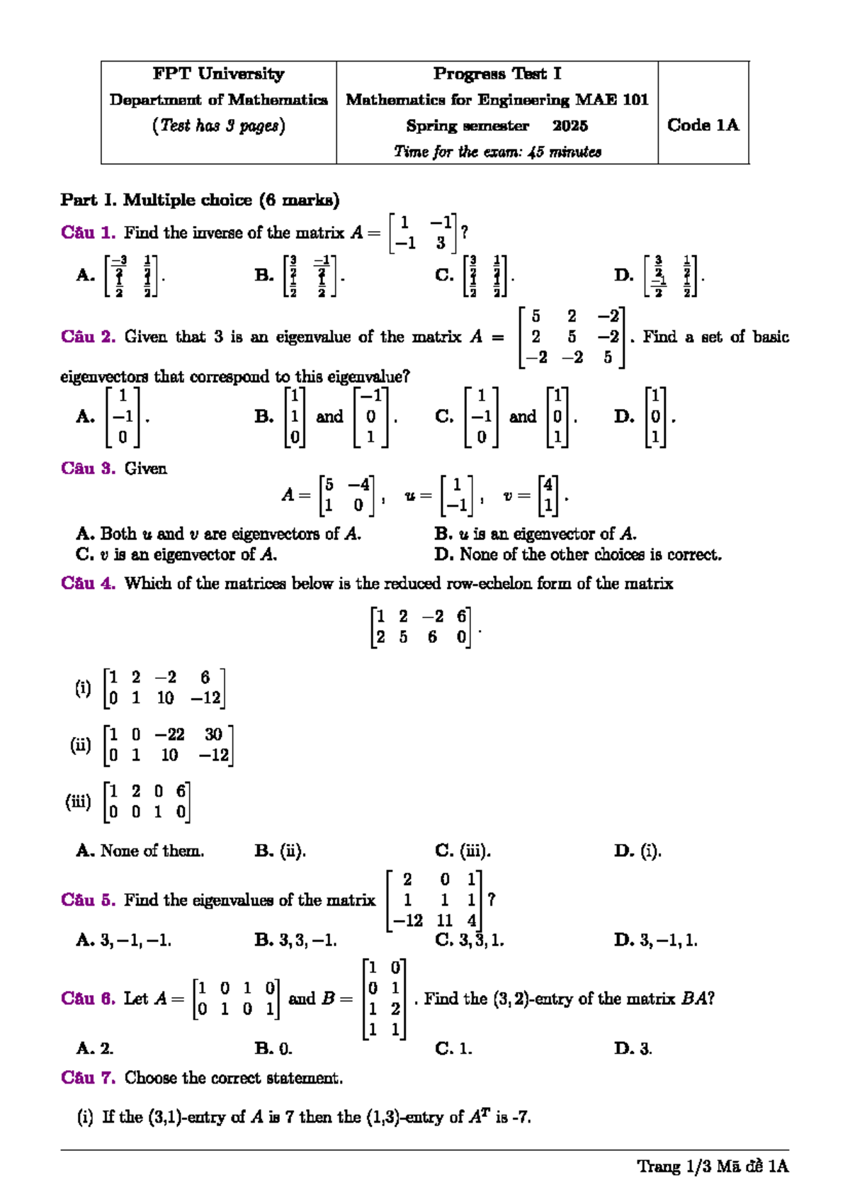 Progress Test I for MAE 101: Mathematics for Engineering (Spring 2025 ...