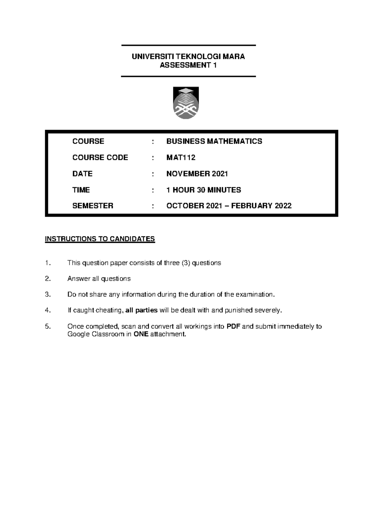 MAT112 Business Mathematics Assessment Practice - Nov 2021 - Studocu