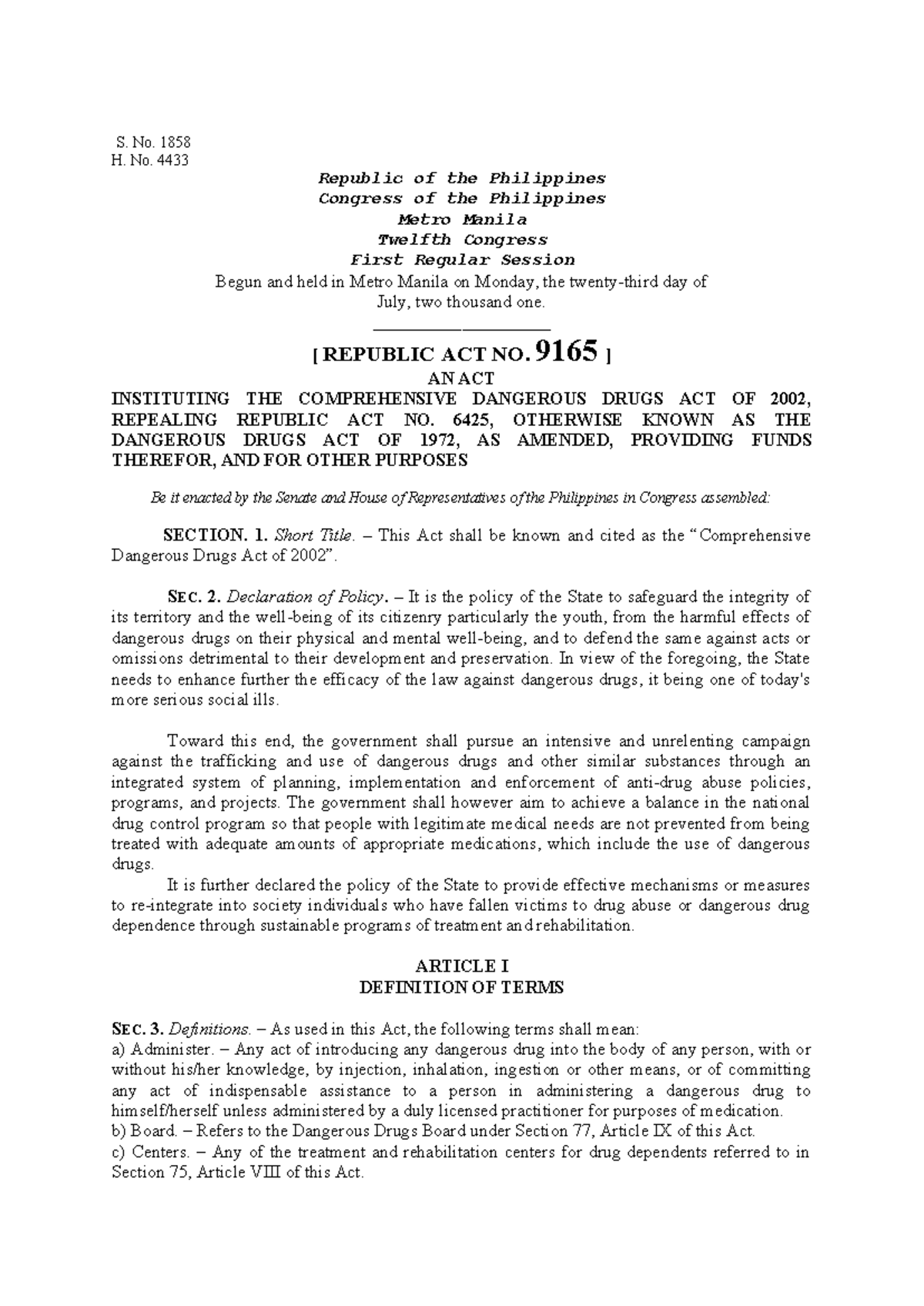 Republic Act No. 9165: Comprehensive Dangerous Drugs Act of 2002 - Studocu