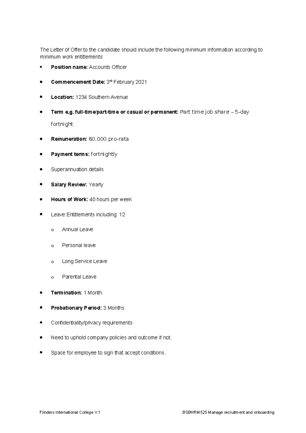 Offer Letter Template for Accounts Officer - BSBHRM525 - Studocu