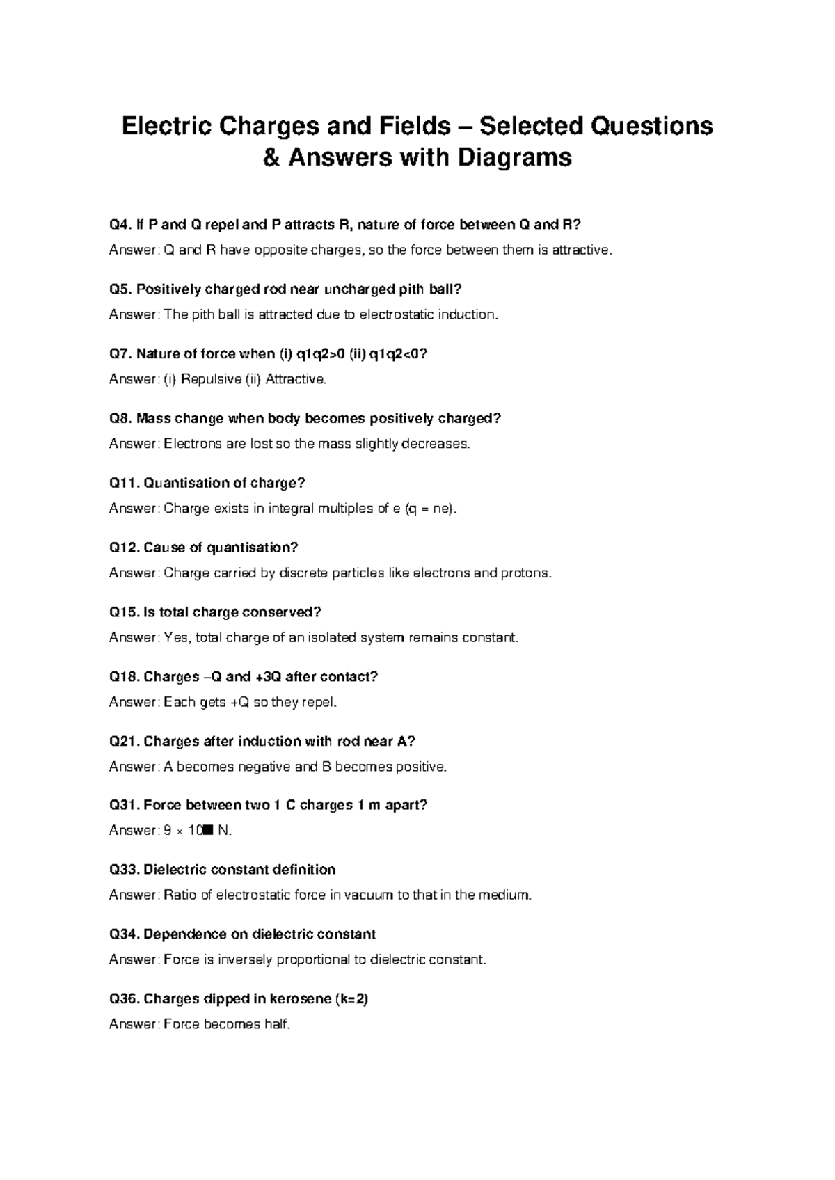 Electric Charges and Fields Q&A with Diagrams - Selected Questions ...