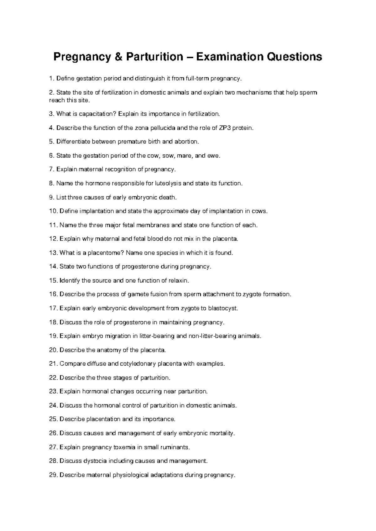 Pregnancy and Parturition Exam Questions (Course Code: ANSC 101) - Studocu
