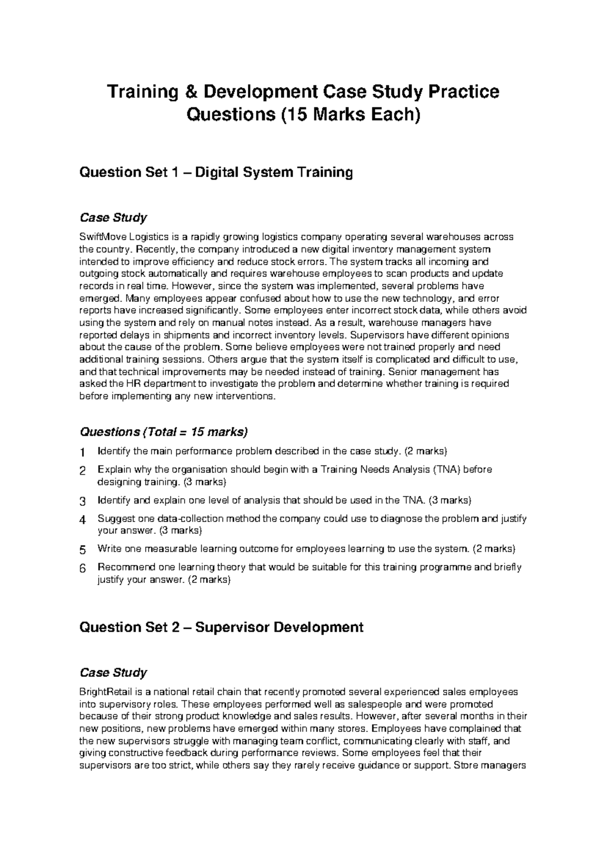 Training Development Case Studies Practice Questions (15 Marks Each ...