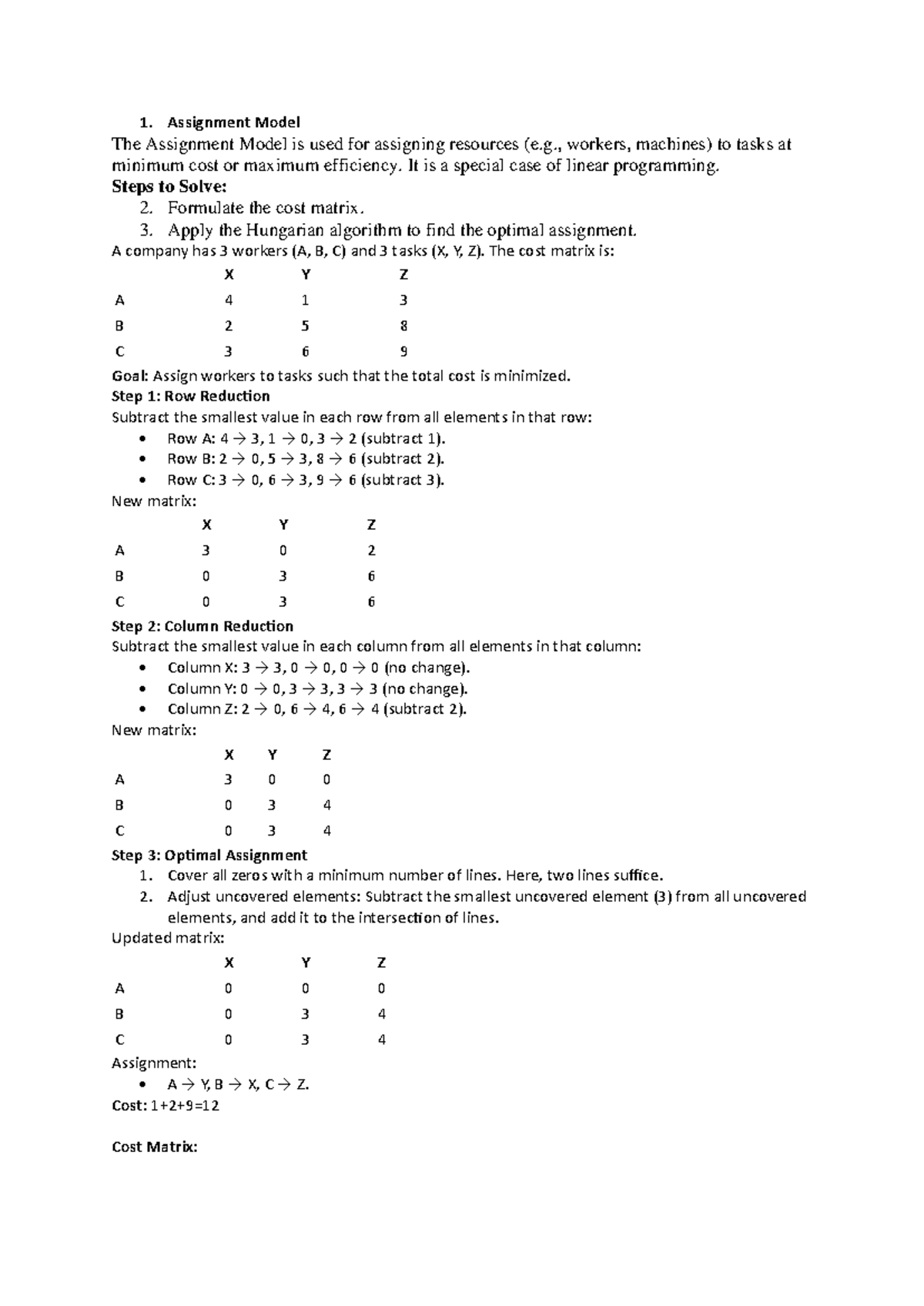 Assignment Model - Minimum Cost Flow problem - 1. Assignment Model The ...