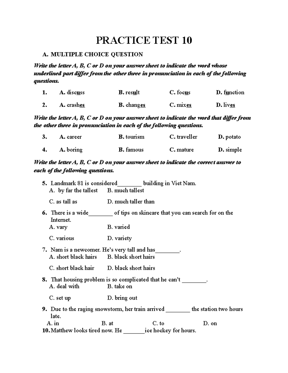 Practice TEST 10 - Some exercises to pratice - PRACTICE TEST 10 A ...