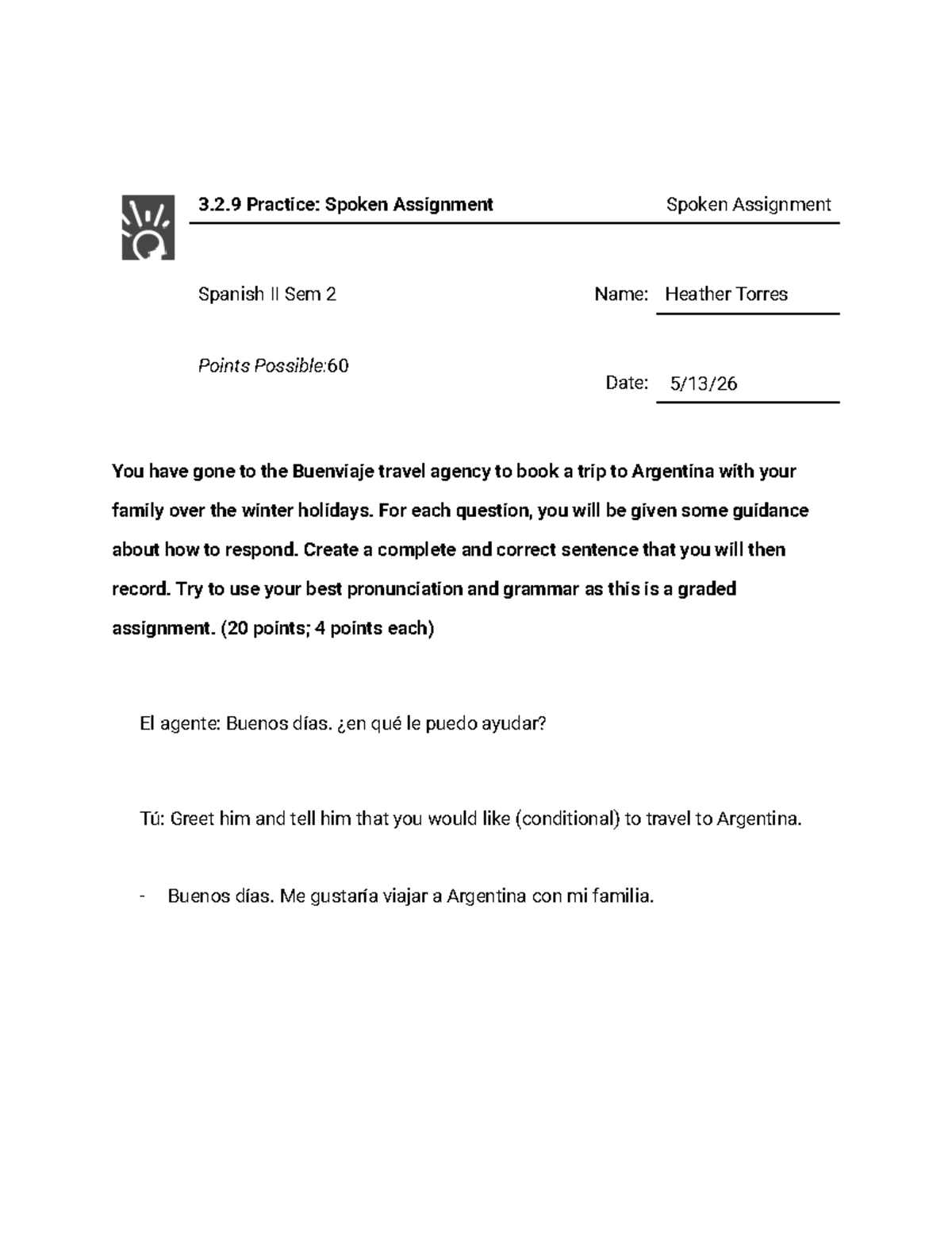 3.2.9 Practice: Spoken Assignment for Spanish II Sem 2 - Studocu