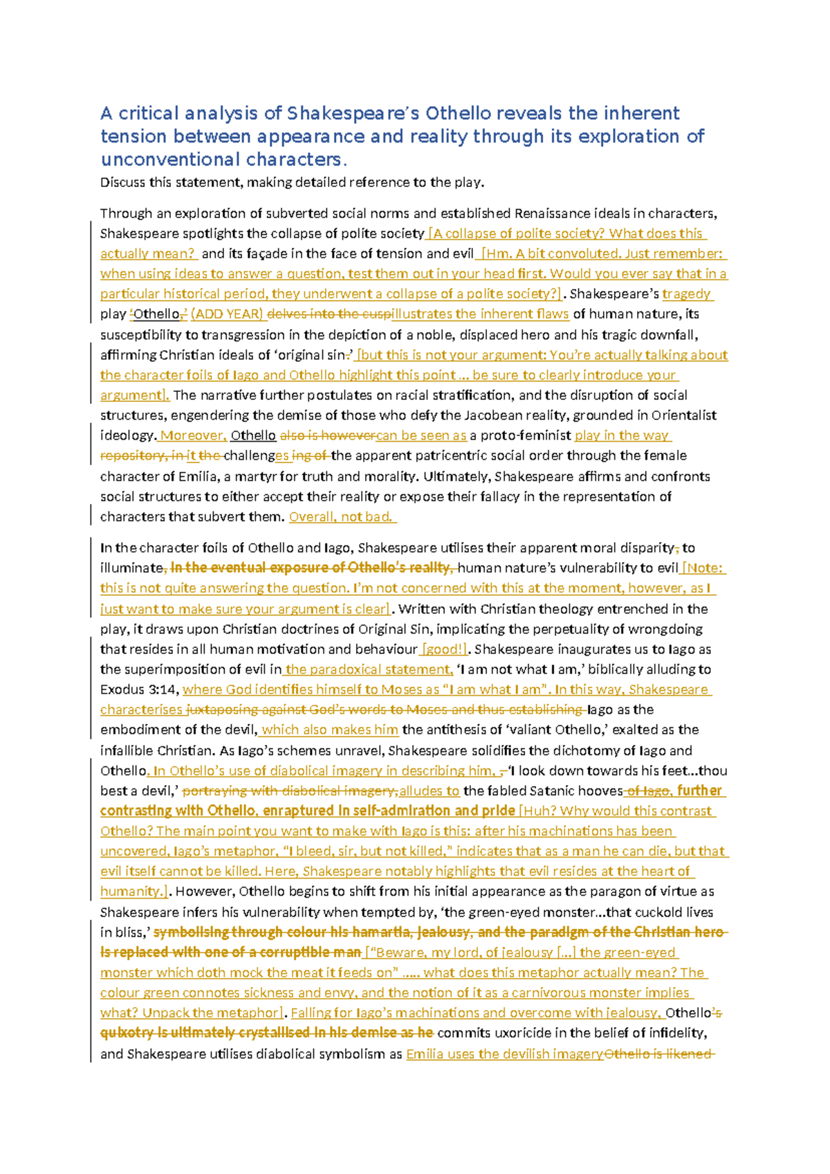Othello Practice Essay - Analyzing Appearance vs Reality - ENG12345 ...