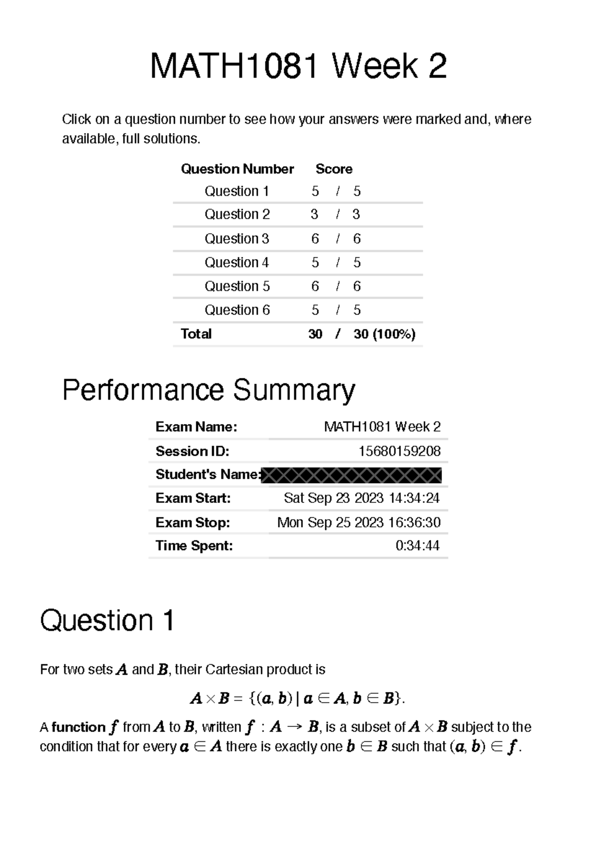 MATH1081 Week 2 Final Exam Solutions and Performance Summary - Studocu