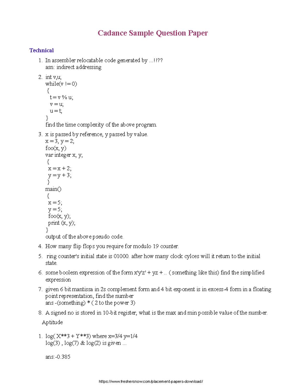Cadance Technical Placement Paper - Sample Questions 1 - Studocu