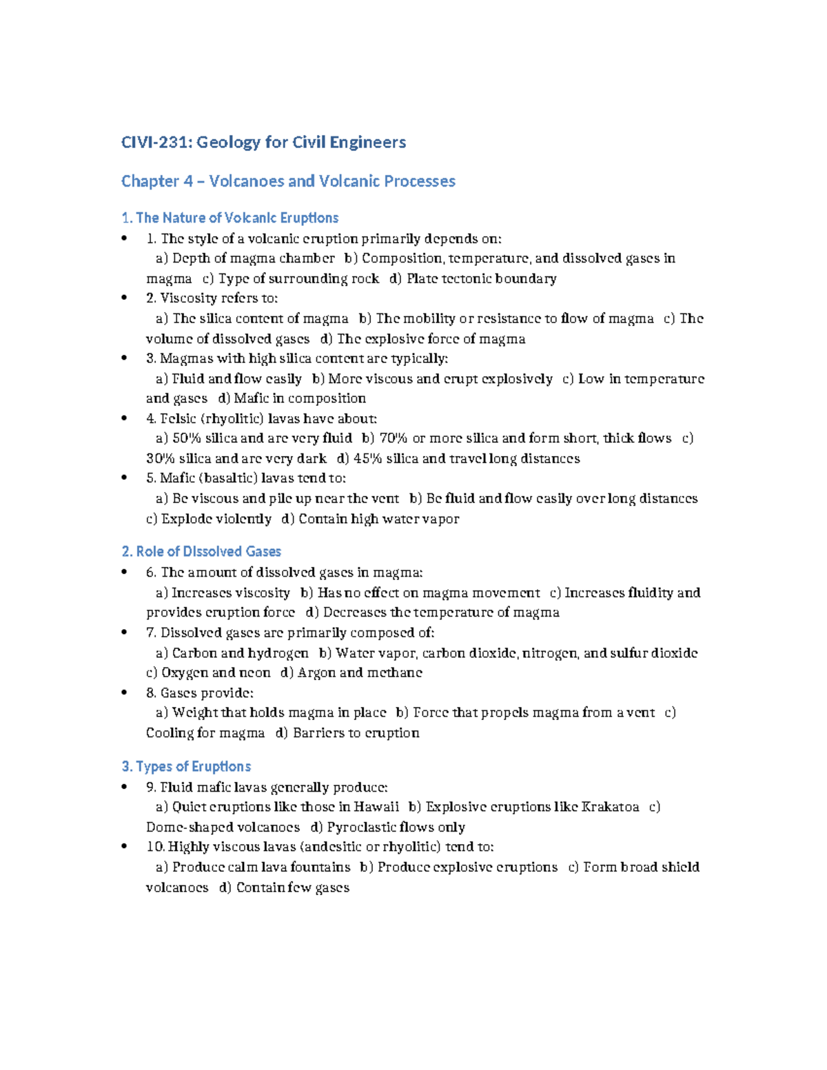 Geology CE 101 Chapter 4 MCQs on Volcanoes and Eruptions - Studocu