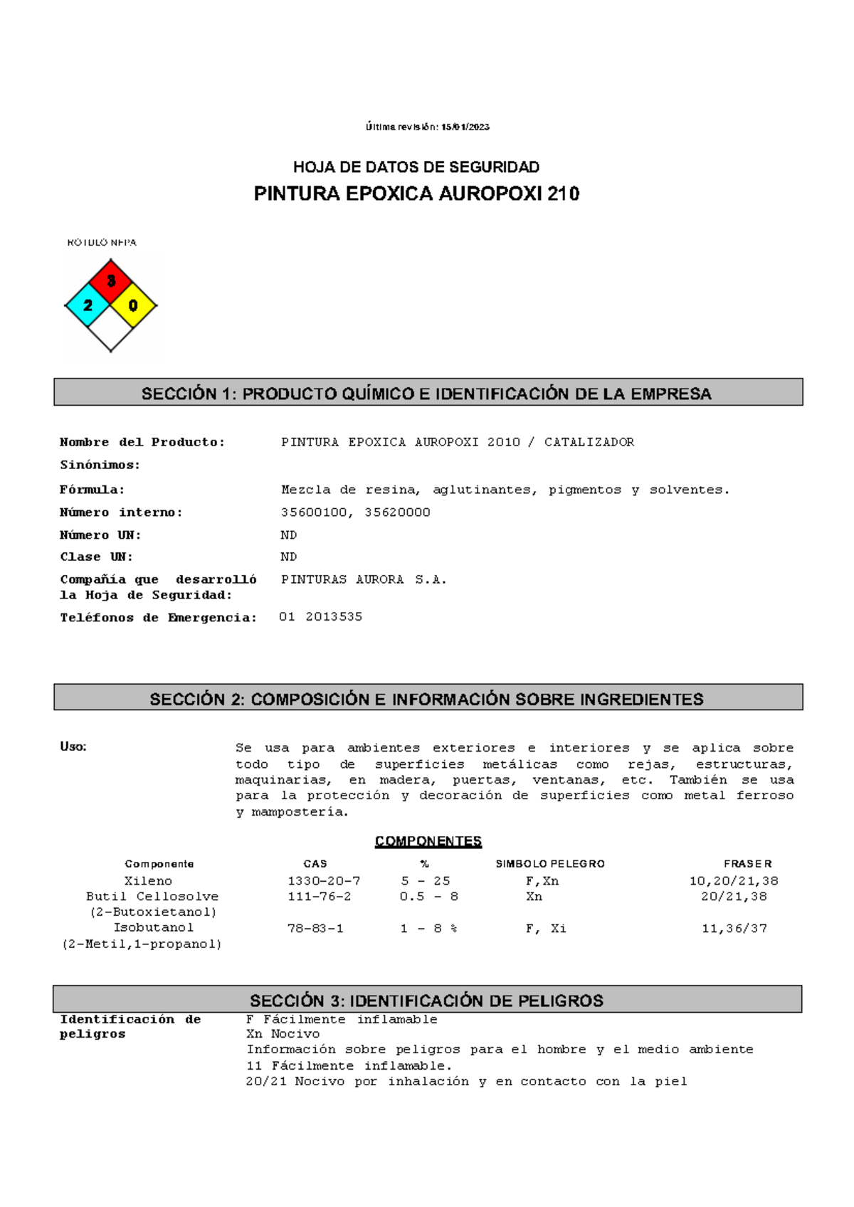 MSDS Auropoxi 210: Hoja de Datos de Seguridad de Pintura Epóxica - Document Preview