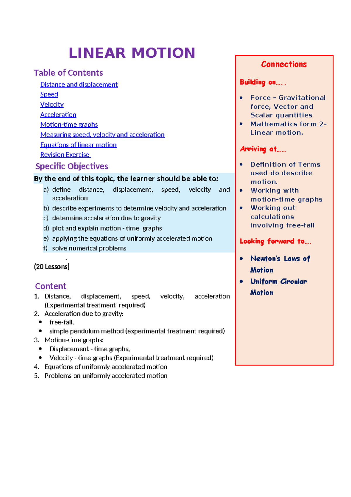 3.1 Linear Motion - This notes are summarised - LINEAR MOTION Table of ...